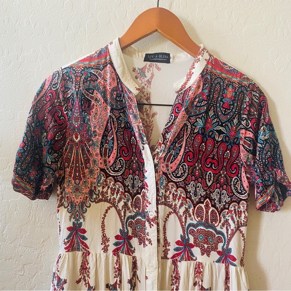 Luv A Blusa Cream Red Paisley Boho Midi Dress - Picture 3 of 7